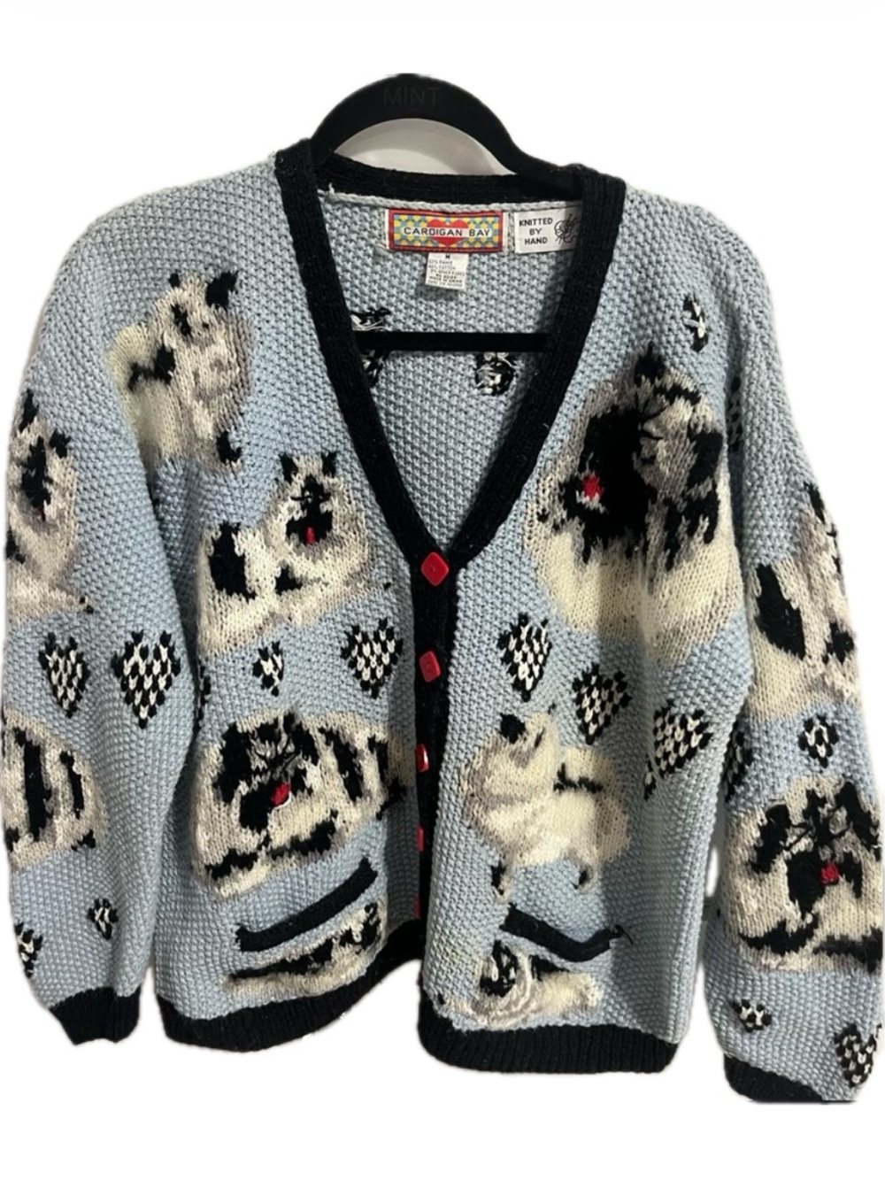 Cardigan Bay vintage hand knit dog pug design cardigan sweater blue black white